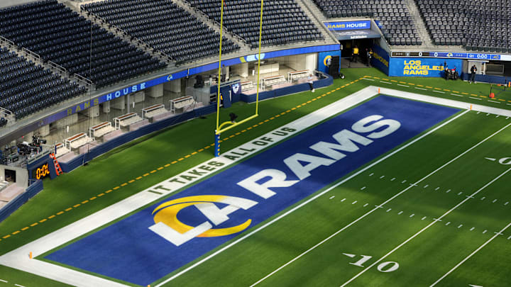 Los Angeles Rams logo. Mandatory Credit: Kirby Lee-Imagn Images