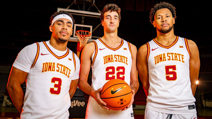 Iowa State Men's Basketball players Tamin Lipsey, Milan Momcilovic, and Joshua Jefferson stand for a photo during media day at Hilton Coliseum in Ames, Oct. 8, 2025. Iowa State Men's Basketball players Tamin Lipsey, Milan Momcilovic, and Joshua Jefferson stand for a photo during media day at Hilton Coliseum in Ames, Oct. 8, 2025.