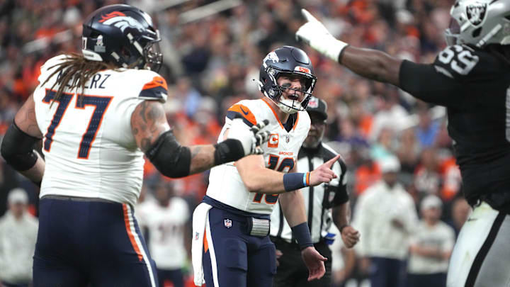 Nov 24, 2024; Paradise, Nevada, USA; Denver Broncos quarterback Bo Nix (10) reacts in the first quarter against the Las Vegas Raiders at Allegiant Stadium. 