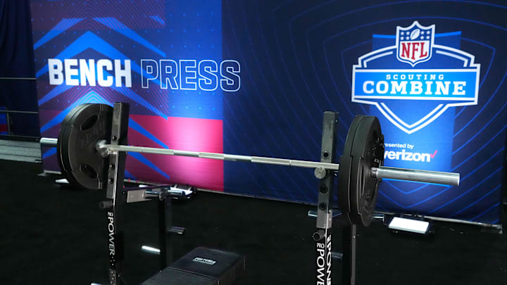 The bench press setup at the 2022 NFL scouting combine.