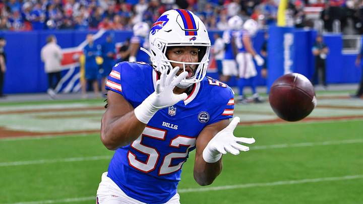 Sep 17, 2026; Orchard Park, New York, USA; Buffalo Bills linebacker Kaleb Elarms-Orr (52) warms up before a game against the Detroit Lions at New Highmark Stadium. Sep 17, 2026; Orchard Park, New York, USA; Buffalo Bills linebacker Kaleb Elarms-Orr (52) warms up before a game against the Detroit Lions at New Highmark Stadium.