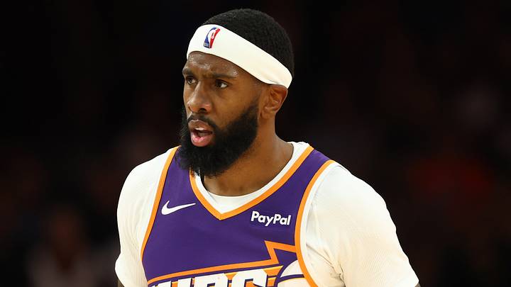 Mar 24, 2026; Phoenix, Arizona, USA; Phoenix Suns forward Royce O'Neale (00) against the Denver Nuggets at Mortgage Matchup Center. Mandatory Credit: Mark J. Rebilas-Imagn Images