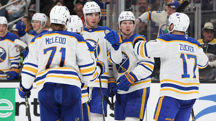 Buffalo Sabres players including defenseman Owen Power