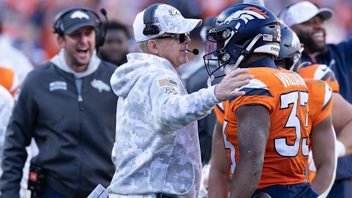 November 17, 2024, Denver, Colorado, USA: Broncos RB JAVONTE WILLIAMS is congratulated by Broncos Head Coach SEAN PEYTON after his rushing TD during the 1st. Half at Empower Field at Mile High Sunday afternoon. The Broncos beat the Falcons 38-6.