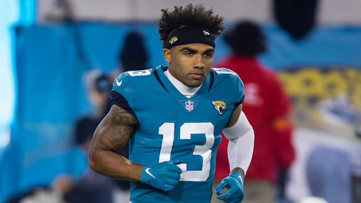Jan 14, 2023; Jacksonville, Florida, USA; Jacksonville Jaguars wide receiver Christian Kirk (13) against the Los Angeles Chargers during a wild card playoff game at TIAA Bank Field. t