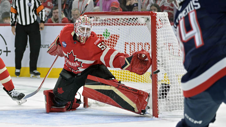 Feb 15, 2025; Montreal, Quebec, CAN; [Imagn Images direct customers only] Team Canada goalie Jordan Binnington (50) stops Team United States forward Auston Matthews (34) in the first period during a 4 Nations Face-Off ice hockey game at the Bell Centre. Mandatory Credit: Eric Bolte-Imagn Images