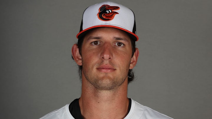 Feb 19, 2025; Sarasota, FL, USA; Baltimore Orioles outfielder Dylan Beavers (94) poses for photo during media day at Ed Smith Stadium. Mandatory Credit: Kim Klement Neitzel-Imagn Images