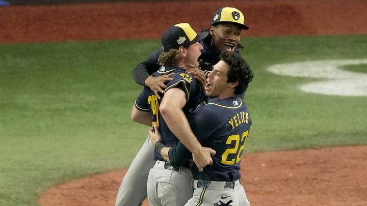 Milwaukee Brewers designated hitter Christian Yelich (22), pitcher Trevor Megill (29) and pitcher Abner Uribe (45) and celebrate after winning Game 5 and World Series against the Tampa Bay Rays 4-1 at Tropicana Field in St. Petersburg, Fla. on Oct 28, 2026. - Mark Hoffman / Milwaukee Journal Sentinel Milwaukee Brewers designated hitter Christian Yelich (22), pitcher Trevor Megill (29) and pitcher Abner Uribe (45) and celebrate after winning Game 5 and World Series against the Tampa Bay Rays 4-1 at Tropicana Field in St. Petersburg, Fla. on Oct 28, 2026. - Mark Hoffman / Milwaukee Journal Sentinel