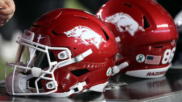 Oct 7, 2023; Oxford, Mississippi, USA; Arkansas Razorbacks helmets on the sideline during the first half against the Mississippi Rebels at Vaught-Hemingway Stadium. Mandatory Credit: Petre Thomas-Imagn Images