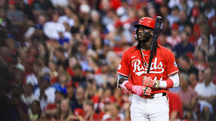 Jul 28, 2025; Cincinnati, Ohio, USA; Cincinnati Reds shortstop Elly De La Cruz (44) at bat in the first inning against the Los Angeles Dodgers at Great American Ball Park. Mandatory Credit: Katie Stratman-Imagn Images Jul 28, 2025; Cincinnati, Ohio, USA; Cincinnati Reds shortstop Elly De La Cruz (44) at bat in the first inning against the Los Angeles Dodgers at Great American Ball Park. Mandatory Credit: Katie Stratman-Imagn Images