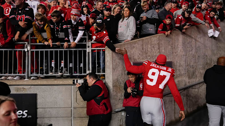 Ohio State Buckeyes defensive end Kenyatta Jackson Jr. (97) leaves the field following the NCAA football game against the UCLA Bruins at Ohio Stadium in Columbus on Nov. 15, 2025. Ohio State won 48-10. Ohio State Buckeyes defensive end Kenyatta Jackson Jr. (97) leaves the field following the NCAA football game against the UCLA Bruins at Ohio Stadium in Columbus on Nov. 15, 2025. Ohio State won 48-10.