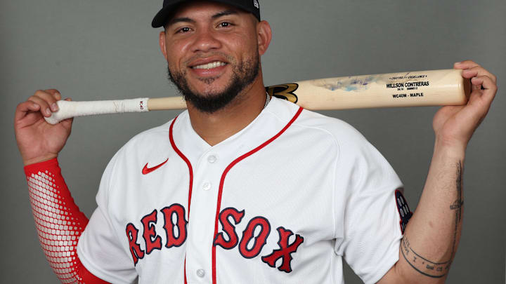 Feb 17, 2026; Lee County, FL, USA;  Boston Red Sox first baseman Willson Contreras (40) poses for a photo during media day at JetBlue Park. Mandatory Credit: Kim Klement Neitzel-Imagn Images