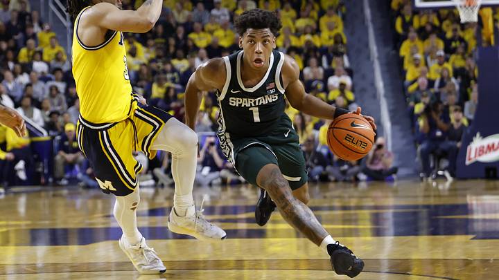 Mar 8, 2026; Ann Arbor, Michigan, USA;  Michigan State Spartans guard Jeremy Fears Jr. (1) dribbles defended by Michigan Wolverines guard Elliot Cadeau (3) in the second half at Crisler Center. Mandatory Credit: Rick Osentoski-Imagn Images