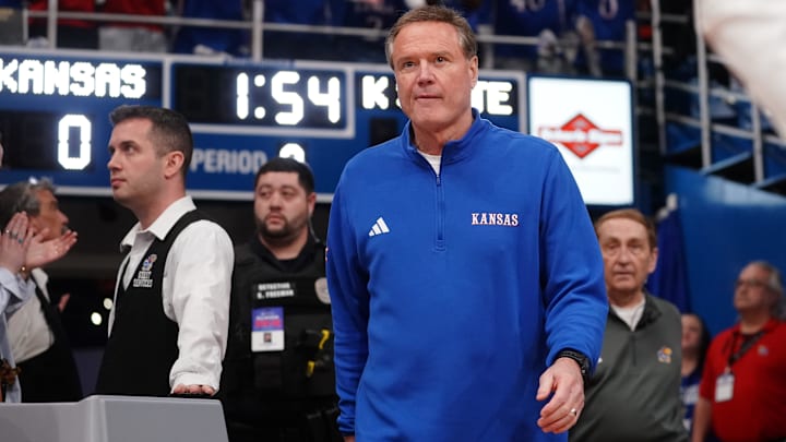 Kansas Jayhawks head coach Bill Self enters the court before the Sunflower Showdown game inside Allen Fieldhouse in Lawrence, Kansas, on Saturday, March 7, 2026.
