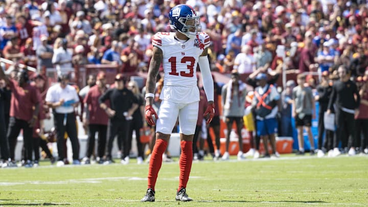 Sep 15, 2024; Landover, Maryland, USA; New York Giants wide receiver Jalin Hyatt (13) lines up during the first half at Commanders Field. Mandatory Credit: Luke Johnson-Imagn Images

