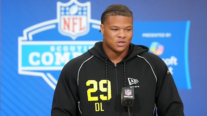 Clemson defensive lineman Peter Woods (DL29) speaks during the NFL Scouting Combine