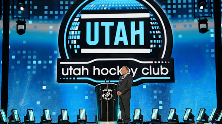 Jun 28, 2024; Las Vegas, Nevada, USA; NHL Commissioner Gary Bettman looks on as Utah Hockey Club is on the clock during the first round of the 2024 NHL Draft at The Sphere. Mandatory Credit: Joe Camporeale-USA TODAY Sports