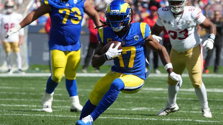 Sep 11, 2026; Melbourne, AUS; Los Angeles Rams wide receiver Davante Adams (17) makes a catch against the San Francisco 49ers in the second half at Melbourne Cricket Ground. Mandatory Credit: Kirby Lee-Imagn Images Sep 11, 2026; Melbourne, AUS; Los Angeles Rams wide receiver Davante Adams (17) makes a catch against the San Francisco 49ers in the second half at Melbourne Cricket Ground. Mandatory Credit: Kirby Lee-Imagn Images