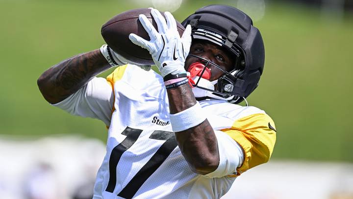 Aug 03, 2026; Latrobe, PA, USA; Pittsburgh Steelers wide receiver Germie Bernard (17) participates in a practice session at Training camp at Saint Vincent College. Mandatory Credit: Barry Reeger-Imagn Images Aug 03, 2026; Latrobe, PA, USA; Pittsburgh Steelers wide receiver Germie Bernard (17) participates in a practice session at Training camp at Saint Vincent College. Mandatory Credit: Barry Reeger-Imagn Images