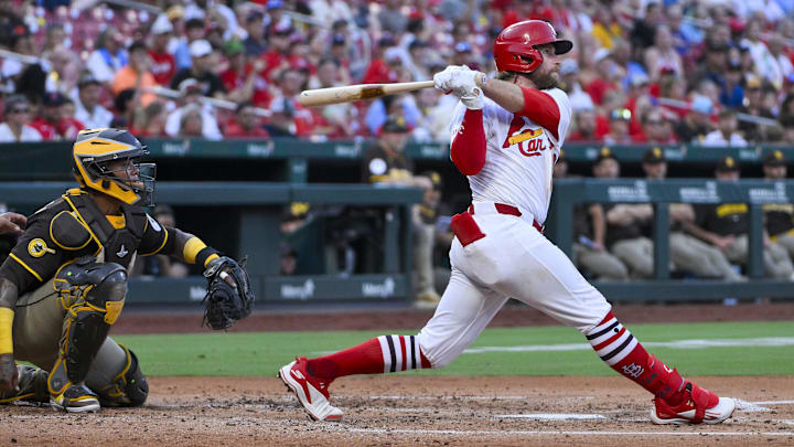Jul 24, 2025; St. Louis, Missouri, USA;  St. Louis Cardinals second baseman Brendan Donovan (33) hits a three run home run against the San Diego Padres during the second inning at Busch Stadium. Mandatory Credit: Jeff Curry-Imagn Images