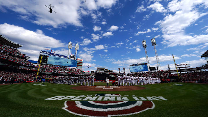 Military helicopters perform a flyover as the national anthem concludes Military helicopters perform a flyover as the national anthem concludes
