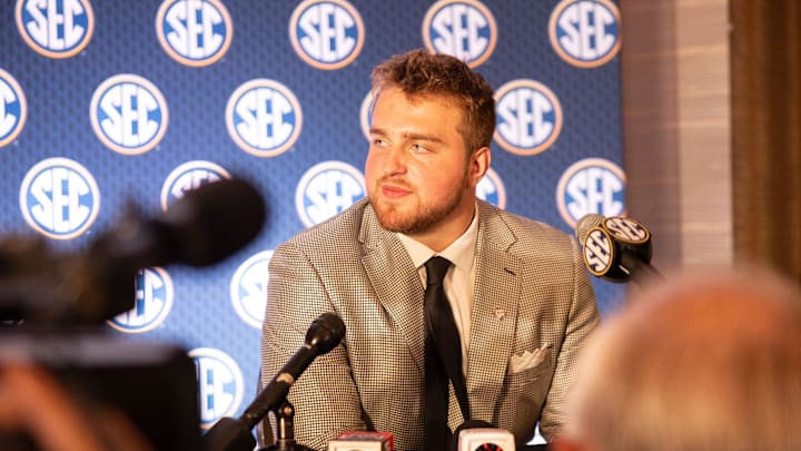 Jul 18, 2024; Dallas, TX, USA; Texas A&M offensive lineman Trey Zuhn III speaks to the media at Omni Dallas Hotel. Mandatory Credit: Brett Patzke-Imagn Images