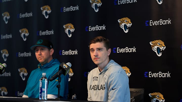 Jacksonville Jaguars general manager James Gladstone, right, listens to a question from the media next to Jacksonville Jaguars head coach Liam Coen during a press conference at Miller Electric Center Tuesday, April 15, 2025 in Jacksonville, Fla. [Corey Perrine/Florida Times-Union]