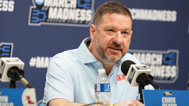 Mar 20, 2025; Milwaukee, WI, USA;  Mississippi Rebels head coach Chris Beard speaks during an NCAA Tournament First Round Practice press conference at Fiserv Forum. Mandatory Credit: Jeff Hanisch-Imagn Images