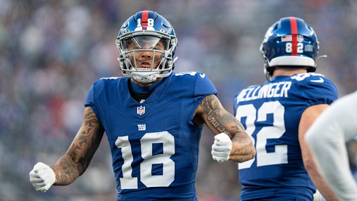 Aug 18, 2023; East Rutherford, NJ, USA; The Carolina Panthers vs. the New York Giants in an NFL preseason game at MetLife Stadium. New York Giants Isaiah Hodgins (18) celebrates in the first quarter. Mandatory Credit: Michael Karas-The Record