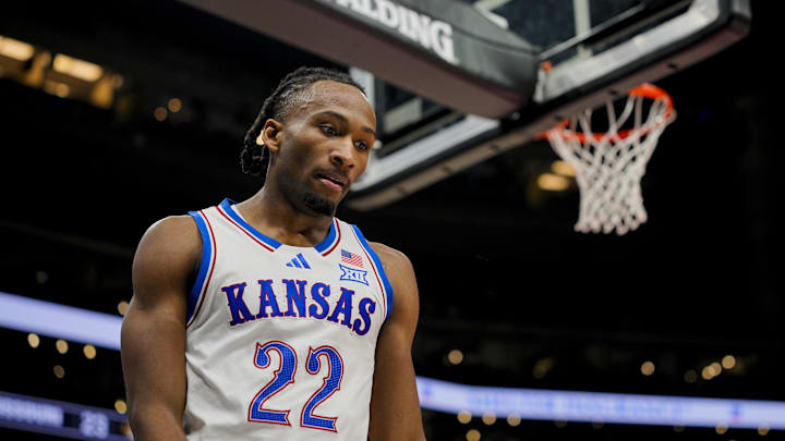 Dec 7, 2025; Kansas City, Missouri, USA; Kansas Jayhawks guard Darryn Peterson (22) reacts during the first half against the Missouri Tigers at T-Mobile Center. Mandatory Credit: Jay Biggerstaff-Imagn Images Dec 7, 2025; Kansas City, Missouri, USA; Kansas Jayhawks guard Darryn Peterson (22) reacts during the first half against the Missouri Tigers at T-Mobile Center. Mandatory Credit: Jay Biggerstaff-Imagn Images
