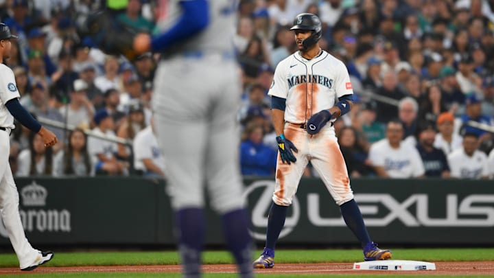Sep 27, 2025; Seattle, Washington, USA; Seattle Mariners center fielder Julio Rodriguez (44) stands on third base after stealing the base during the first inning against the Los Angeles Dodgers at T-Mobile Park. Mandatory Credit: Steven Bisig-Imagn Images
