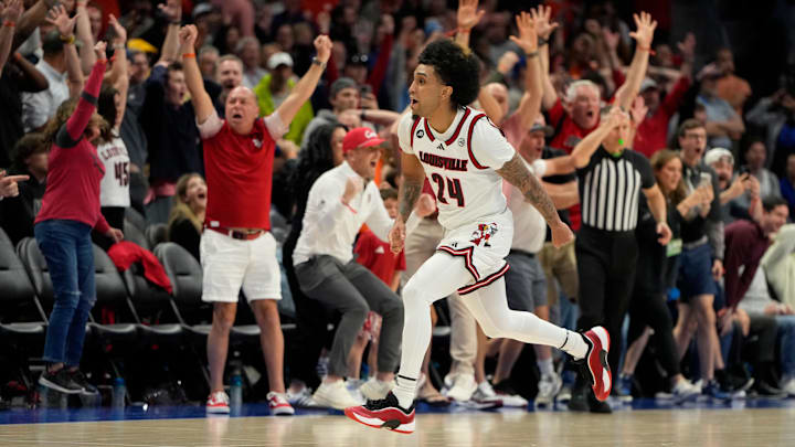 Mar 13, 2025; Charlotte, NC, USA; Louisville Cardinals guard Chucky Hepburn (24) reacts after hitting a last second shot to win the game at Spectrum Center. Mandatory Credit: Bob Donnan-Imagn Images Mar 13, 2025; Charlotte, NC, USA; Louisville Cardinals guard Chucky Hepburn (24) reacts after hitting a last second shot to win the game at Spectrum Center. Mandatory Credit: Bob Donnan-Imagn Images