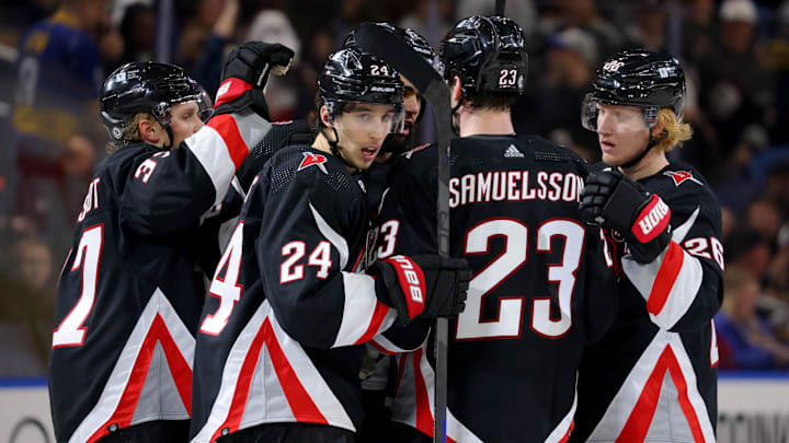 Jan 11, 2024; Buffalo, New York, USA;  Buffalo Sabres center Dylan Cozens (24) celebrates his goal