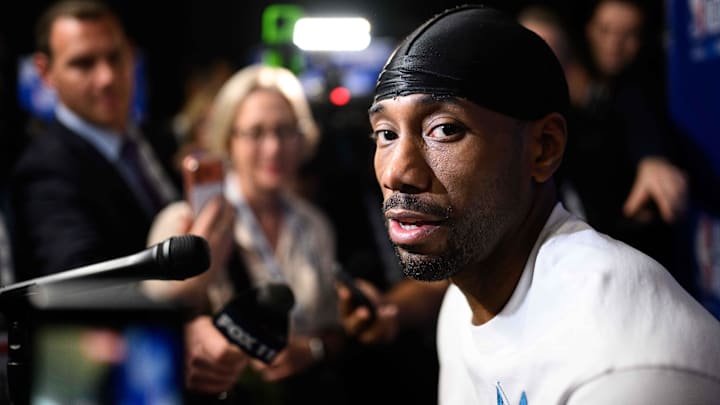 Feb 14, 2026; Inglewood, California, USA; Kawhi Leonard speaks during interviews at media day at Intuit Dome. Mandatory Credit: William Liang-Imagn Images Feb 14, 2026; Inglewood, California, USA; Kawhi Leonard speaks during interviews at media day at Intuit Dome. Mandatory Credit: William Liang-Imagn Images