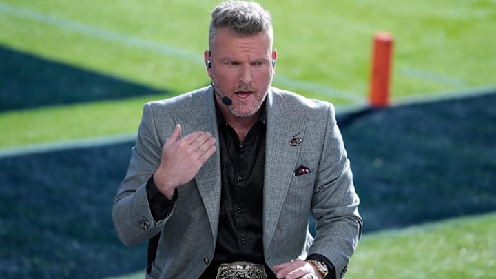 Jan 1, 2024; Pasadena, CA, USA; Pat McAfee on the ESPN College Gameday set at the 2024 Rose Bowl college football playoff semifinal game at Rose Bowl. Mandatory Credit: Kirby Lee-USA TODAY Sports