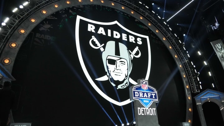 Apr 25, 2024; Detroit, MI, USA; A Las Vegas Raiders logo at the 2024 NFL Draft at Campus Martius Park and Hart Plaza. Mandatory Credit: Kirby Lee-USA TODAY Sports Apr 25, 2024; Detroit, MI, USA; A Las Vegas Raiders logo at the 2024 NFL Draft at Campus Martius Park and Hart Plaza. Mandatory Credit: Kirby Lee-USA TODAY Sports