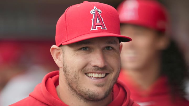 Jun 3, 2024; Anaheim, California, USA; Los Angeles Angels center fielder Mike Trout watches from the dugout during the game against the San Diego Padres at Angel Stadium. Mandatory Credit: Kirby Lee-USA TODAY Sports Jun 3, 2024; Anaheim, California, USA; Los Angeles Angels center fielder Mike Trout watches from the dugout during the game against the San Diego Padres at Angel Stadium. Mandatory Credit: Kirby Lee-USA TODAY Sports