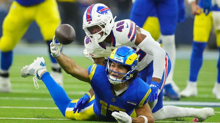 Dec 8, 2024; Inglewood, California, USA; Los Angeles Rams wide receiver Puka Nacua (17) attempts to catch the ball against Buffalo Bills cornerback Ja'Marcus Ingram (46) in the second half at SoFi Stadium. 