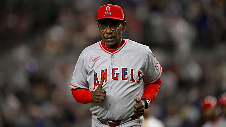Apr 15, 2025; Arlington, Texas, USA; Los Angeles Angels manager Ron Washington trots back to the dugout during the eighth inning against the Texas Rangers at Globe Life Field. All MLB players will be wearing the number 42 on Jackie Robinson Day to commemorate Robinson making his major league debut in 1947. Mandatory Credit: Jerome Miron-Imagn Images Apr 15, 2025; Arlington, Texas, USA; Los Angeles Angels manager Ron Washington trots back to the dugout during the eighth inning against the Texas Rangers at Globe Life Field. All MLB players will be wearing the number 42 on Jackie Robinson Day to commemorate Robinson making his major league debut in 1947. Mandatory Credit: Jerome Miron-Imagn Images