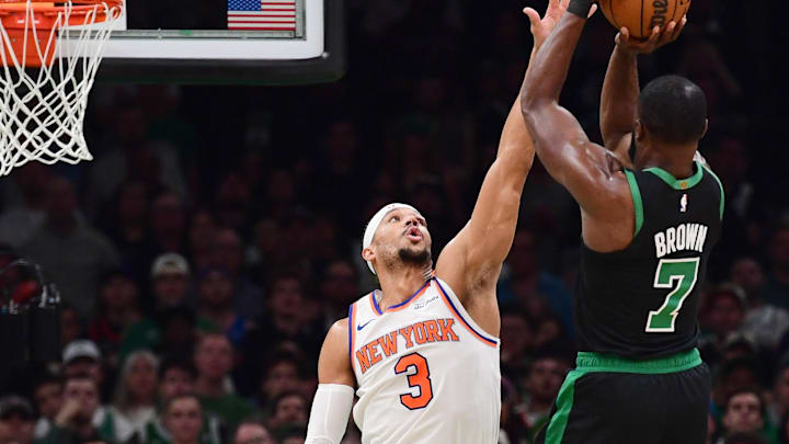 May 14, 2025; Boston, Massachusetts, USA; Boston Celtics guard Jaylen Brown (7) shoots the ball over New York Knicks guard Josh Hart (3) in the first half during game five of the second round for the 2025 NBA Playoffs at TD Garden. Mandatory Credit: Bob DeChiara-Imagn Images May 14, 2025; Boston, Massachusetts, USA; Boston Celtics guard Jaylen Brown (7) shoots the ball over New York Knicks guard Josh Hart (3) in the first half during game five of the second round for the 2025 NBA Playoffs at TD Garden. Mandatory Credit: Bob DeChiara-Imagn Images