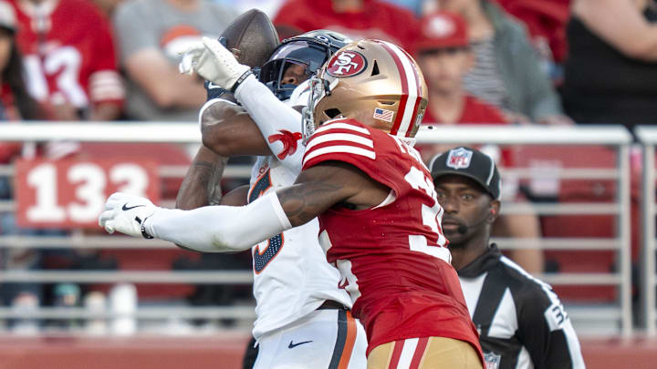 August 9, 2025; Santa Clara, California, USA; Denver Broncos wide receiver Trent Sherfield Sr. (5) catches a 36-yard touchdown pass against San Francisco 49ers cornerback Dallis Flowers (35) during the second quarter at Levi's Stadium. August 9, 2025; Santa Clara, California, USA; Denver Broncos wide receiver Trent Sherfield Sr. (5) catches a 36-yard touchdown pass against San Francisco 49ers cornerback Dallis Flowers (35) during the second quarter at Levi's Stadium.