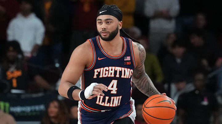 Feb 18, 2026; Los Angeles, California, USA; Illinois Fighting Illini guard Kylan Boswell (4) dribbles the ball against the Southern California Trojans in the first half at Galen Center. Mandatory Credit: Kirby Lee-Imagn Images