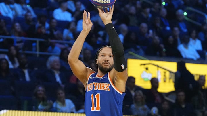 Feb 15, 2025; San Francisco, CA, USA; New York Knicks guard Jalen Brunson (11) competes in the three-point contest during All Star Saturday Night ahead of the 2025 NBA All Star Game at Chase Center. Mandatory Credit: Kyle Terada-Imagn Images