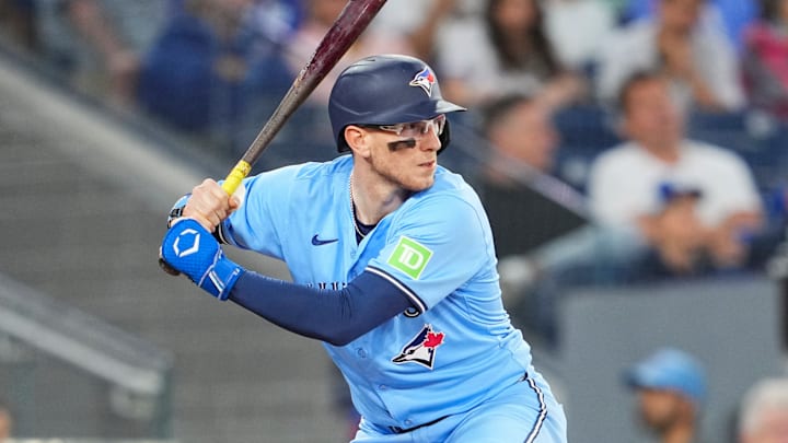 Danny Jansen bats in a game last month against the Cleveland Guardians.