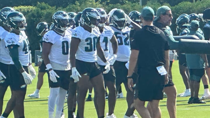 Jihaad Campbell (No. 30) and the Eagles LBs at practice on July 23, 2025. Jihaad Campbell (No. 30) and the Eagles LBs at practice on July 23, 2025.