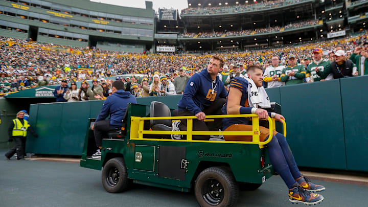 Green Bay Packers tight end Tucker Kraft is carted off the field after suffering a knee injury against the Carolina Panthers on Sunday, November 2, 2025, at Lambeau Field in Green Bay, Wis. The Panthers won the game, 16-13, on a 49-yard field goal as time expired.