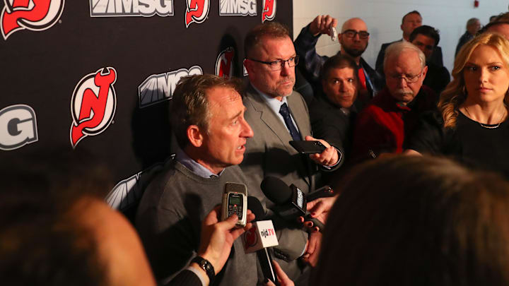 New Jersey Devils owner Joshua Harris speaks to the media alongside general manager Tom Fitzgerald: Ed Mulholland-Imagn Images New Jersey Devils owner Joshua Harris speaks to the media alongside general manager Tom Fitzgerald: Ed Mulholland-Imagn Images