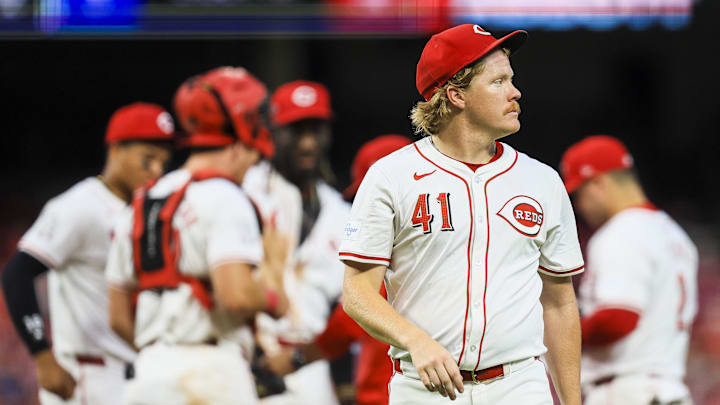 Aug 12, 2024; Cincinnati, Ohio, USA; Cincinnati Reds starting pitcher Andrew Abbott (41) walks off the field during a pitching change in the seventh inning against the St. Louis Cardinals at Great American Ball Park. Mandatory Credit: Katie Stratman-Imagn Images