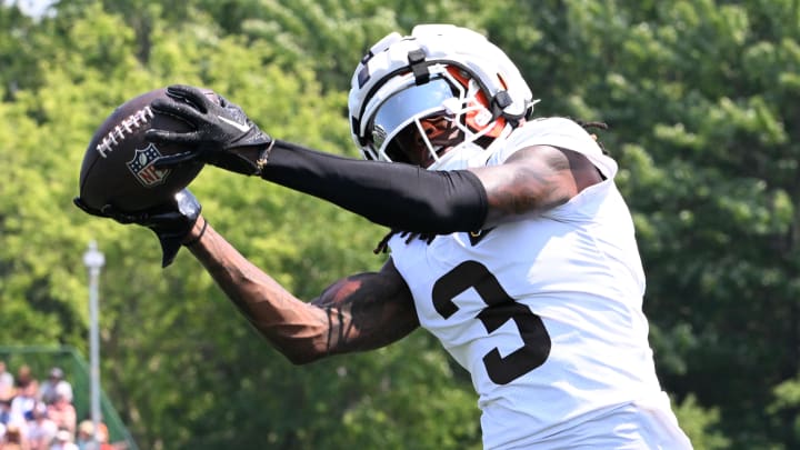 Aug 4, 2024; Cleveland Browns wide receiver Jerry Jeudy (3) makes a catch during practice at the Browns training facility in Berea, Ohio. 