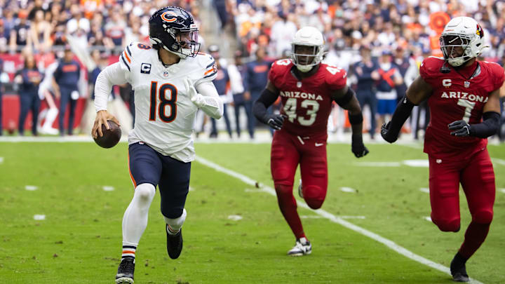 Caleb Williams is flushed out of the pocket and looks for a target against the Cardinals in Sunday's Bears loss. Caleb Williams is flushed out of the pocket and looks for a target against the Cardinals in Sunday's Bears loss.